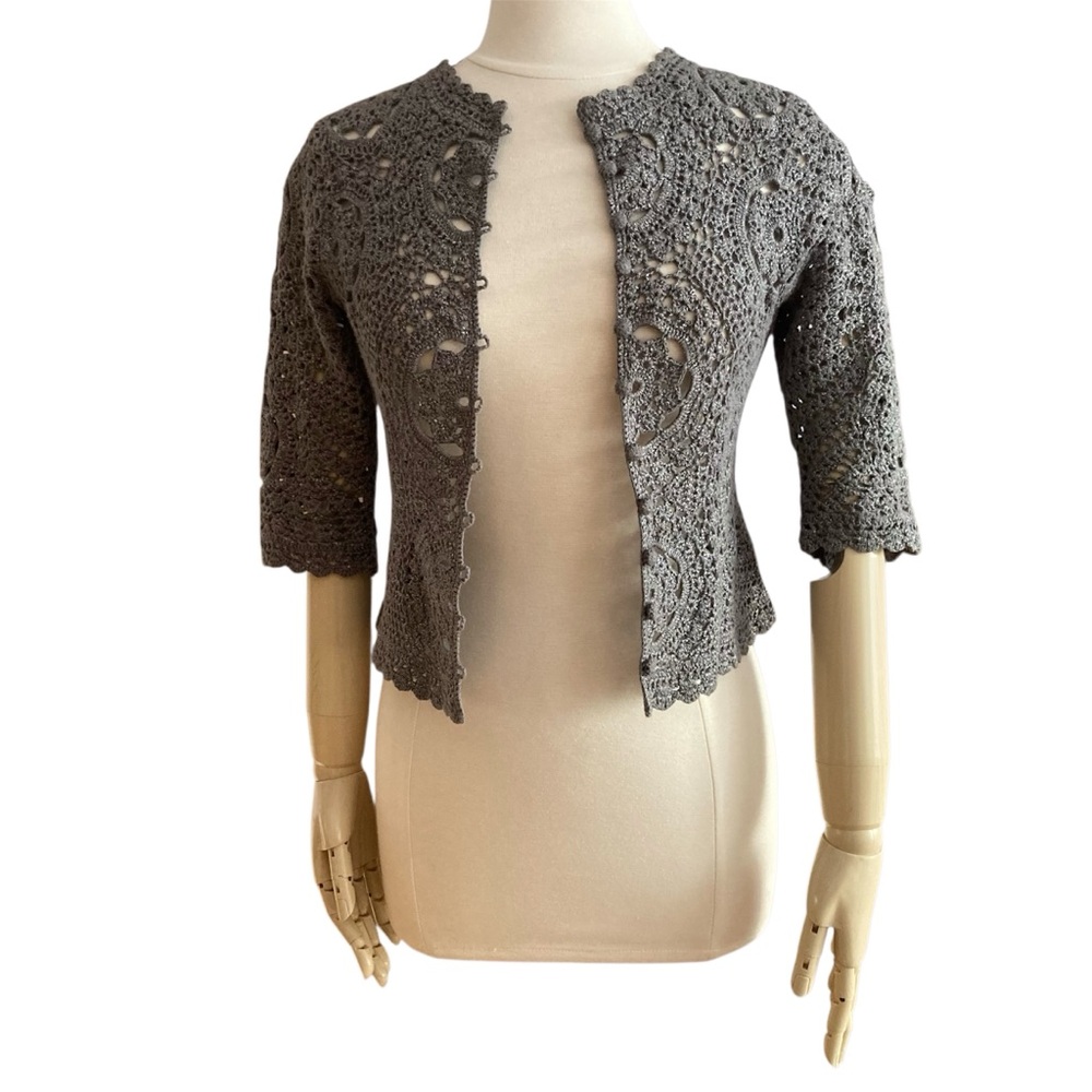 BCBG MAXAZRIA |  Silver Shimmer Ramie-Blend Crochet Cardigan Sz S